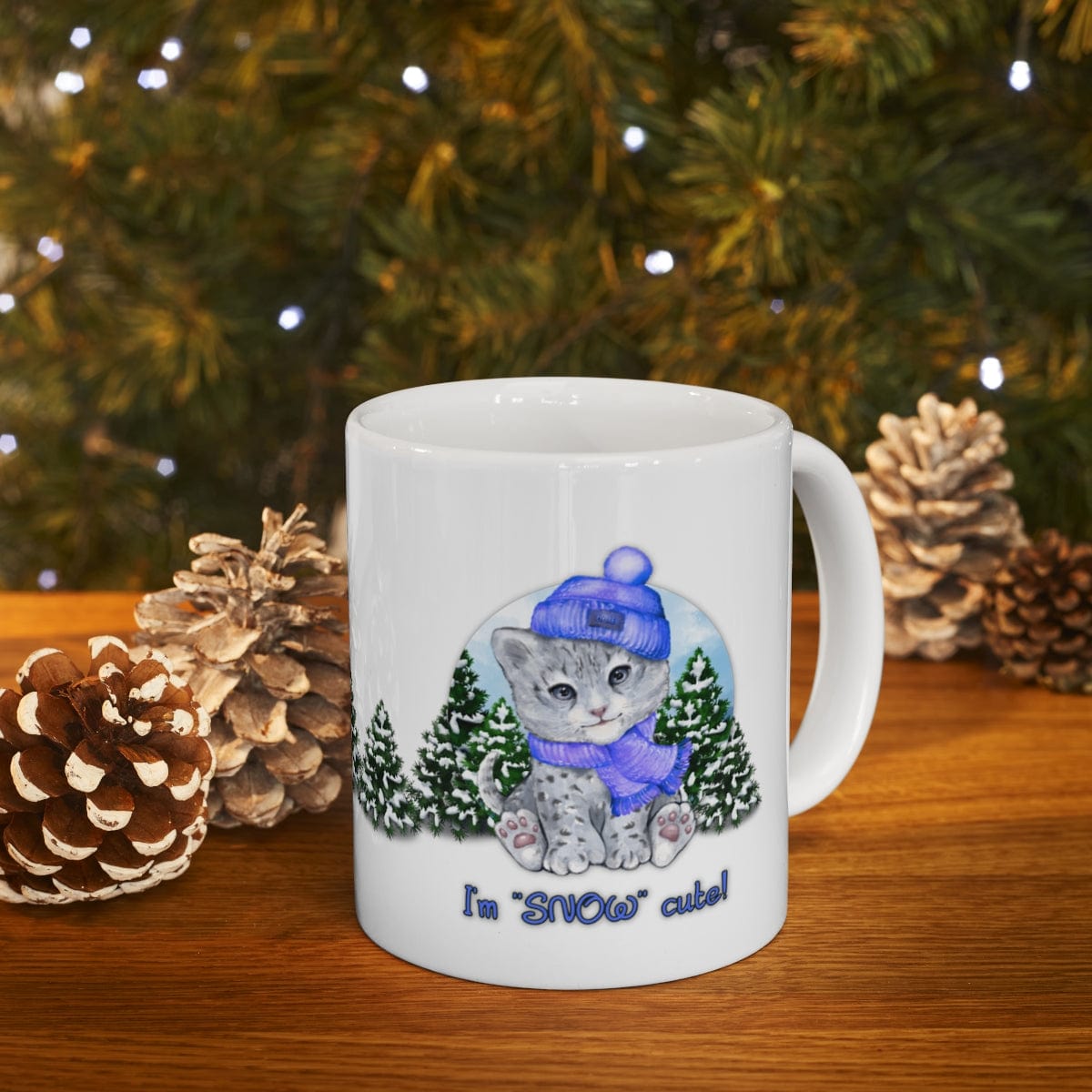 Printify Mug 11oz Coffee Mug, "I'm SNOW Cute!", Baby Snow Leopard Mug, Blue Outfit, White 11oz Ceramic, Gift for Her, Cute Mug 27648233713182932971